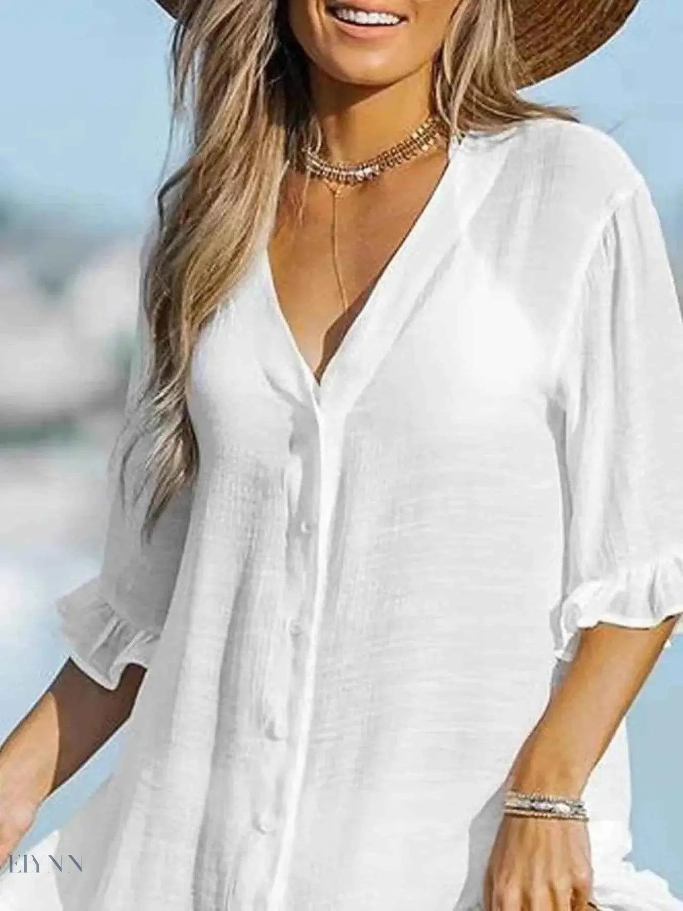 Black V-Neck Beach Cover Up Dress with Buttons - Stylish Summer Essential - EBYNN