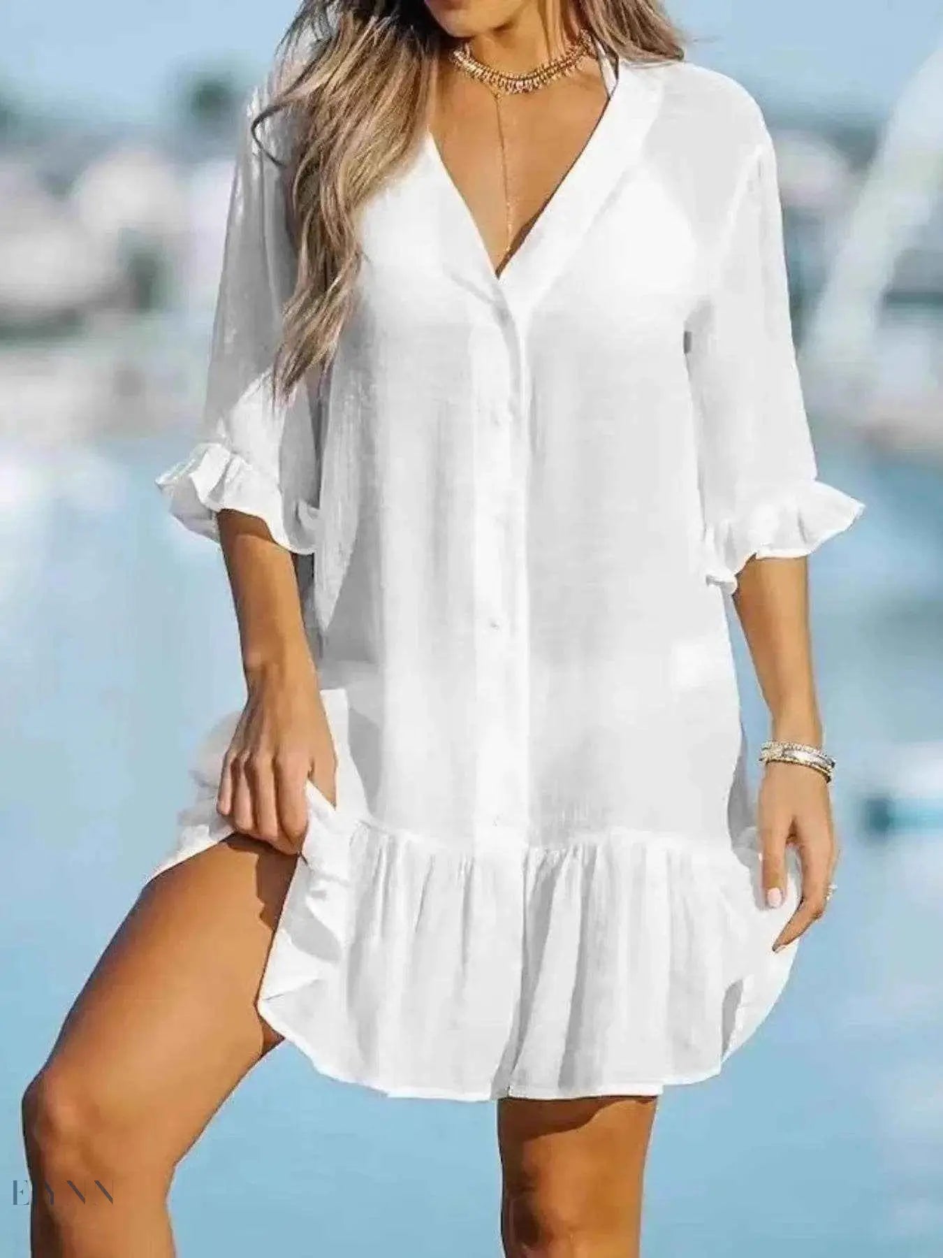 Black V-Neck Beach Cover Up Dress with Buttons - Stylish Summer Essential - EBYNN
