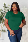 Trendsi plus size model wearing green short sleeve crewneck tee and jeans styled as women's basic black t-shirt