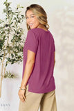 Trendsi model wearing women's basic black t-shirt style shown in plum back view with relaxed fit