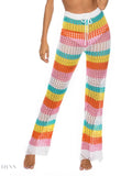 Trendy Women's Colorful Resort Wear with Striped Knit Pants for a Vibrant Beach Look