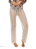 Trendy women's drawstring beach pants in light beige with a lacey design for summer outfits