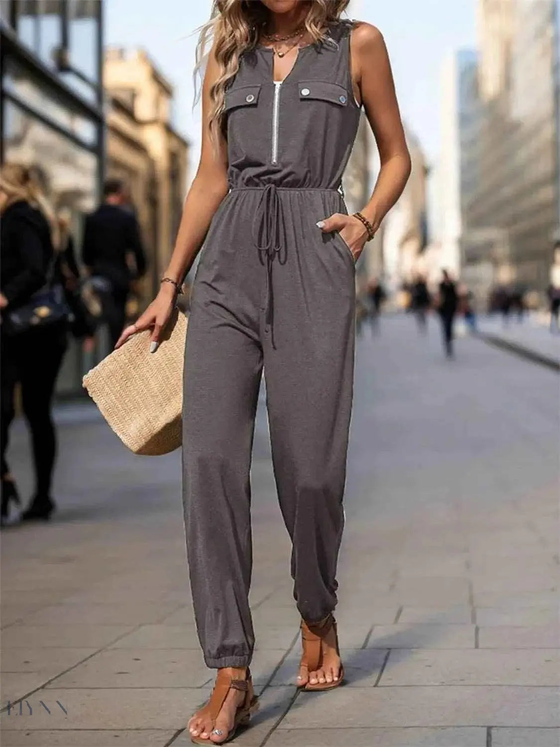 Women's Zip Front Jumpsuit with Drawstring - EBYNN