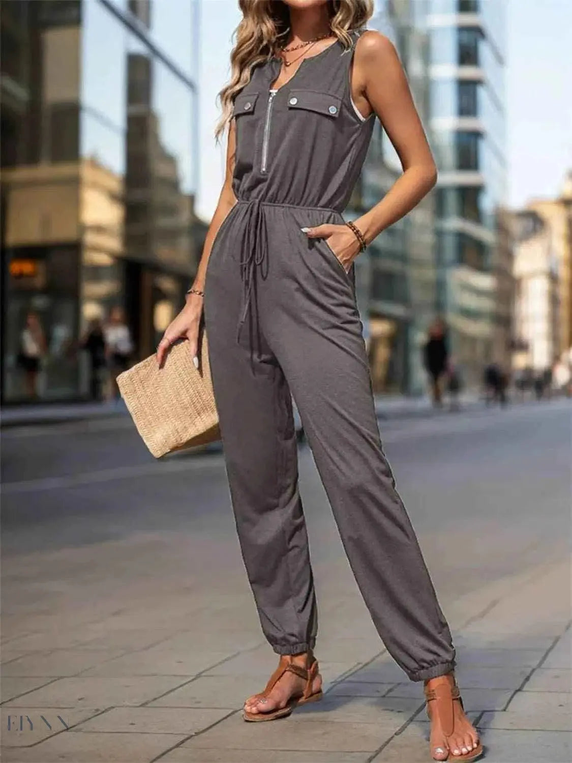 Women's Zip Front Jumpsuit with Drawstring - EBYNN