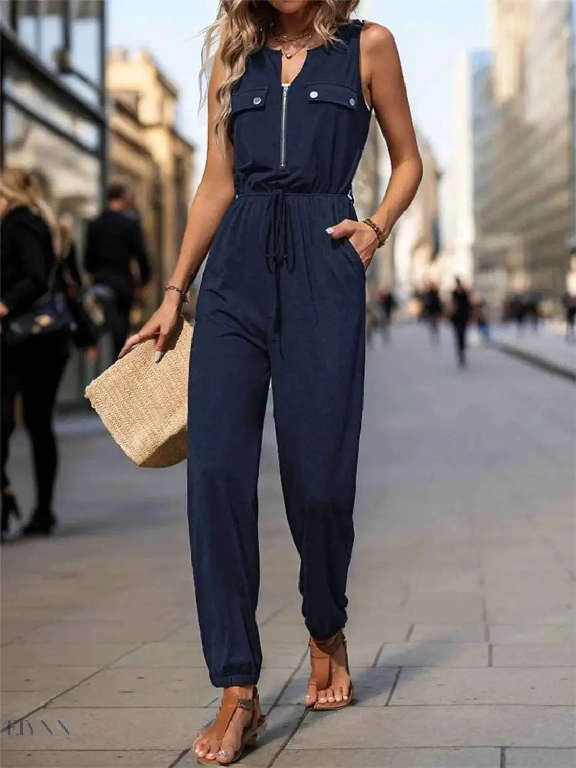 Women's Zip Front Jumpsuit with Drawstring - EBYNN