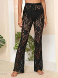 Trendy Women's Lace Beach Cover Up Pants in Black with a Flared Design for Stylish Summer Looks