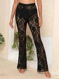 Trendsi Women's Lace Beach Cover Up Pants in Black with Floral Lace Design and Flared Legs