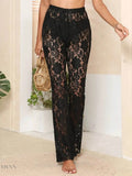Women's Lace Beach Cover Up Pants in Black with Floral Lace Design for Stylish Summer Outfits