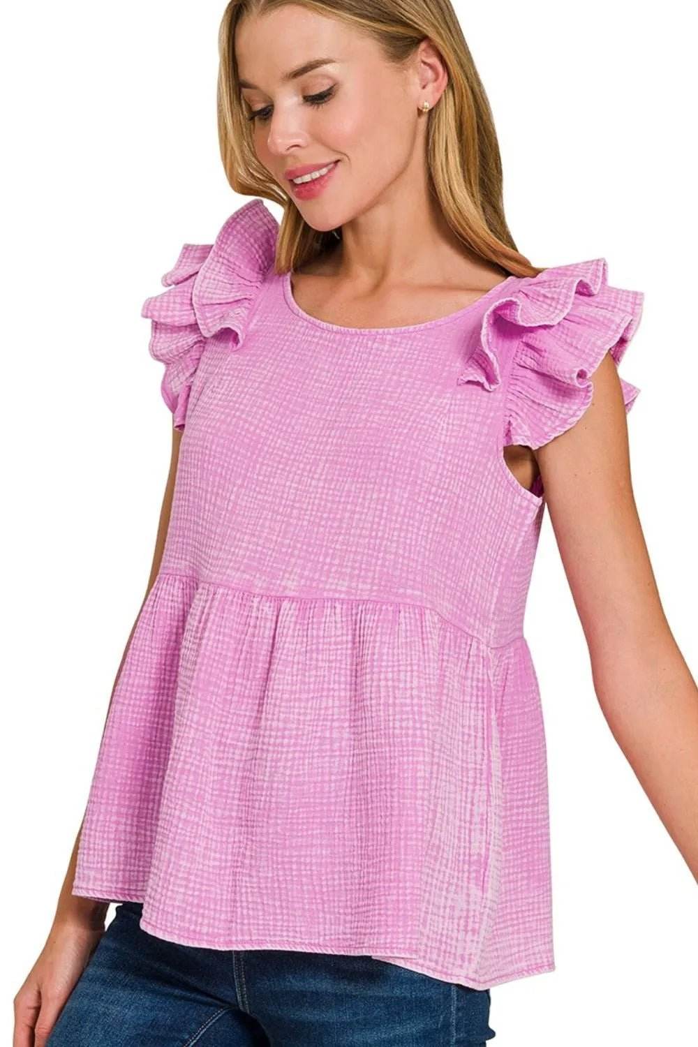 Zenana Double Gauze Peplum Top with Acid Washed Finish and Tiered Ruffles - EBYNN