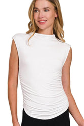 Zenana Mock Neck Top - Double Layered Ruched Side Style - EBYNN