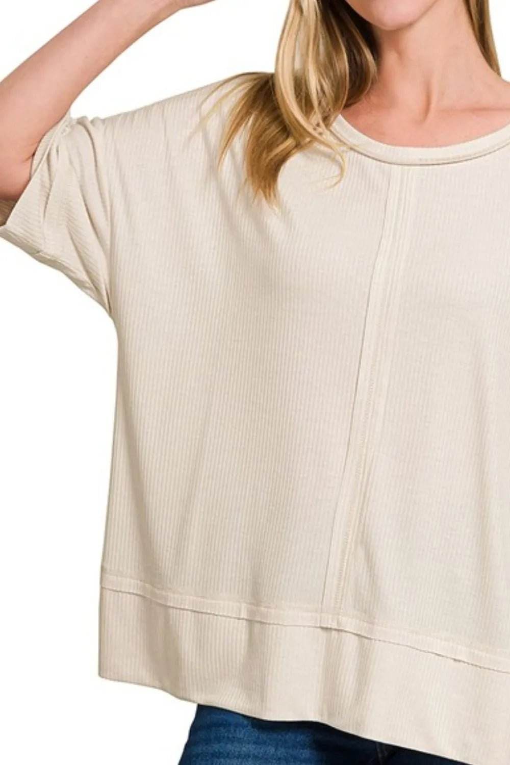 Zenana Ribbed Boat Neck Top - Stylish 3/4 Sleeve Fashion - EBYNN