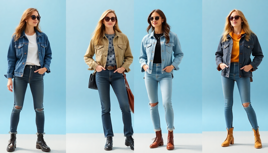 Women modeling diverse denim fits in seasonal outfits