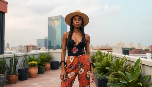 Model wearing EBYNN urban oasis outfit on rooftop garden