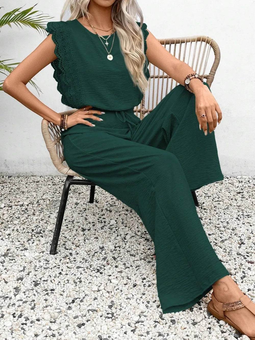 Lace Trim Round Neck Top and Pants Set - EBYNN