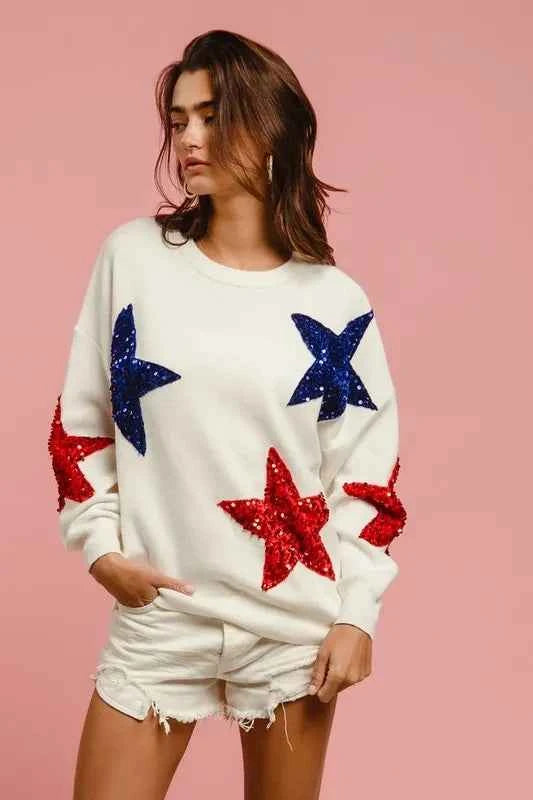 BiBi Velvet Sequin Star Patches Sweater Top.