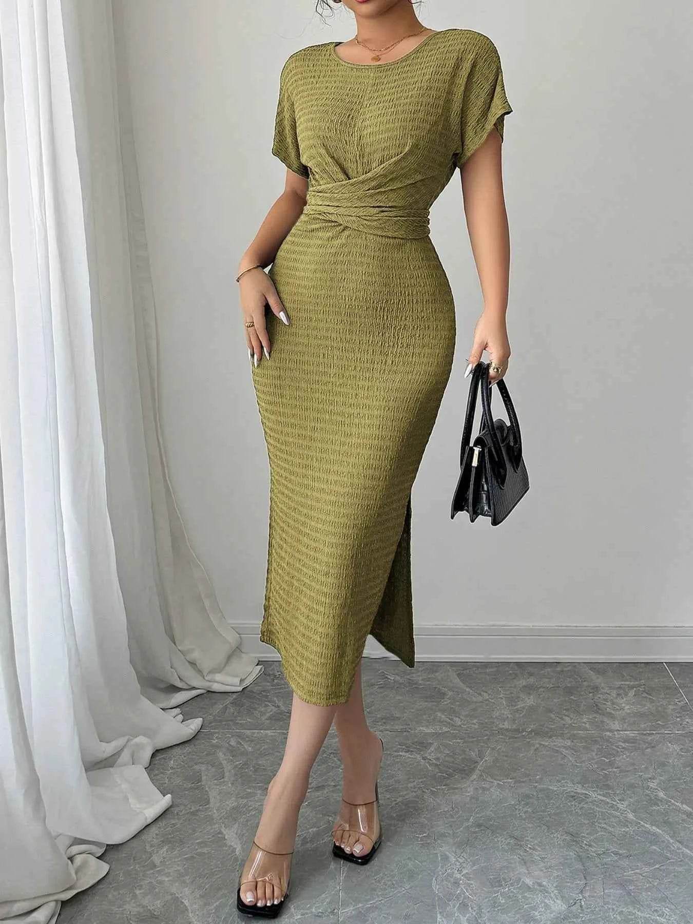 Ruched Waist Textured Midi Dress.