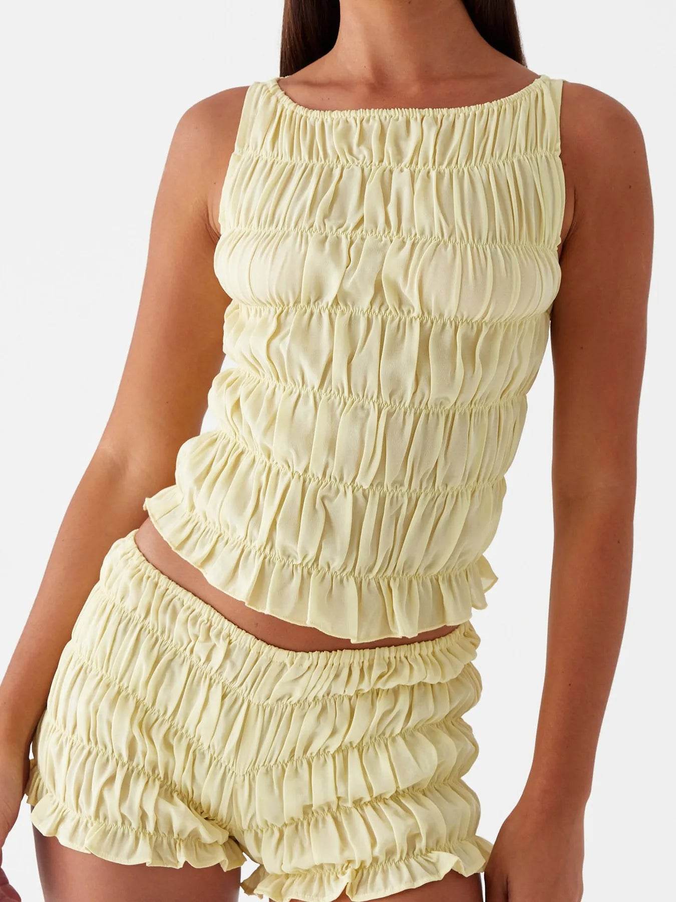Ruched Texture Tank and Shorts Two-Piece Set - EBYNN