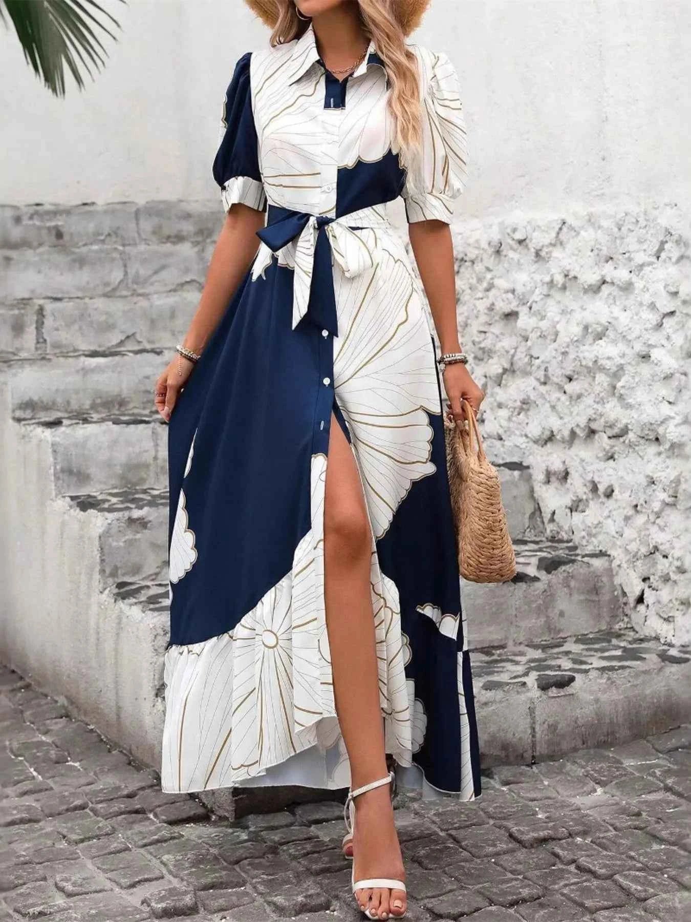 Printed Button Down Half Sleeve Maxi Shirt Dress.