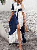 Printed Button Down Half Sleeve Maxi Shirt Dress.