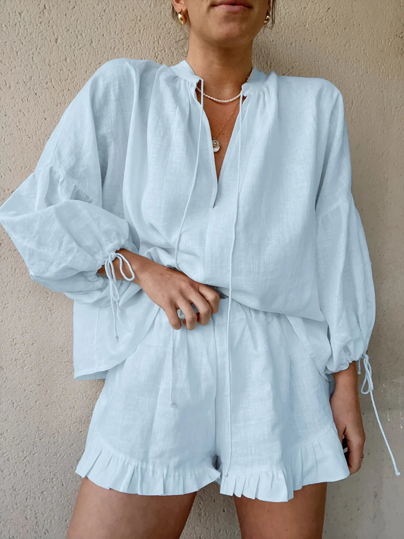 Tie Neck Balloon Sleeve Blouse and Shorts Set.
