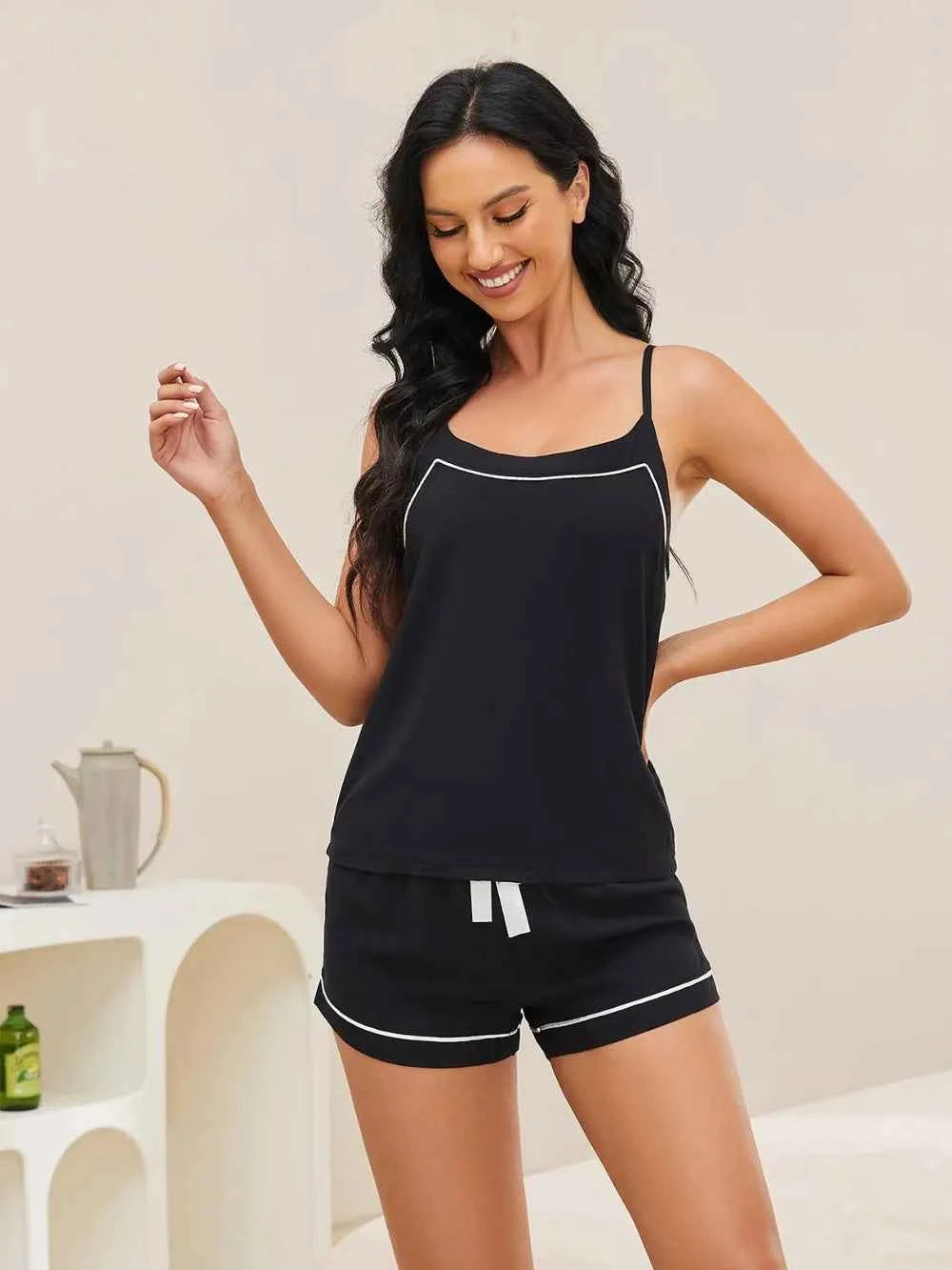 Scoop Neck Spaghetti Strap Top and Shorts Lounge Set.