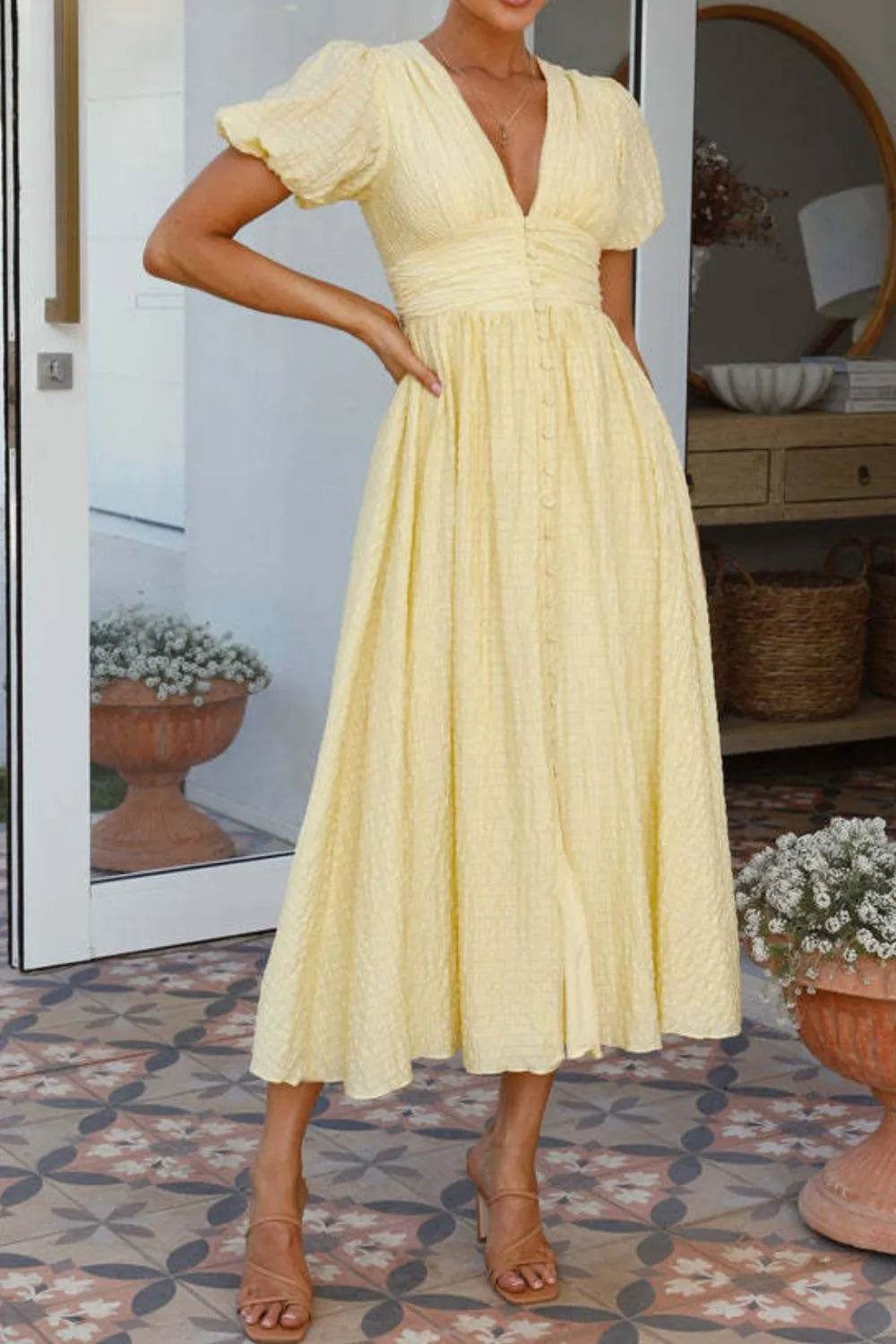 V-Neck Puff Short Sleeve Midi Dress.