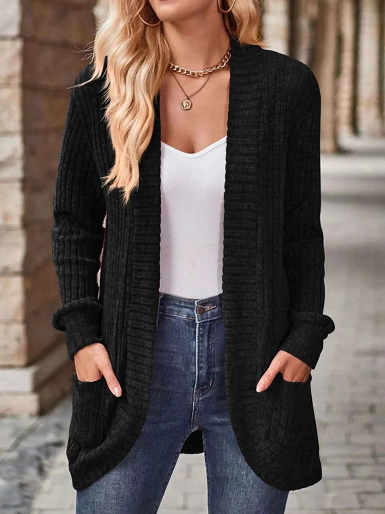 Ribbed Knit Open Front Cardigan with Pockets.
