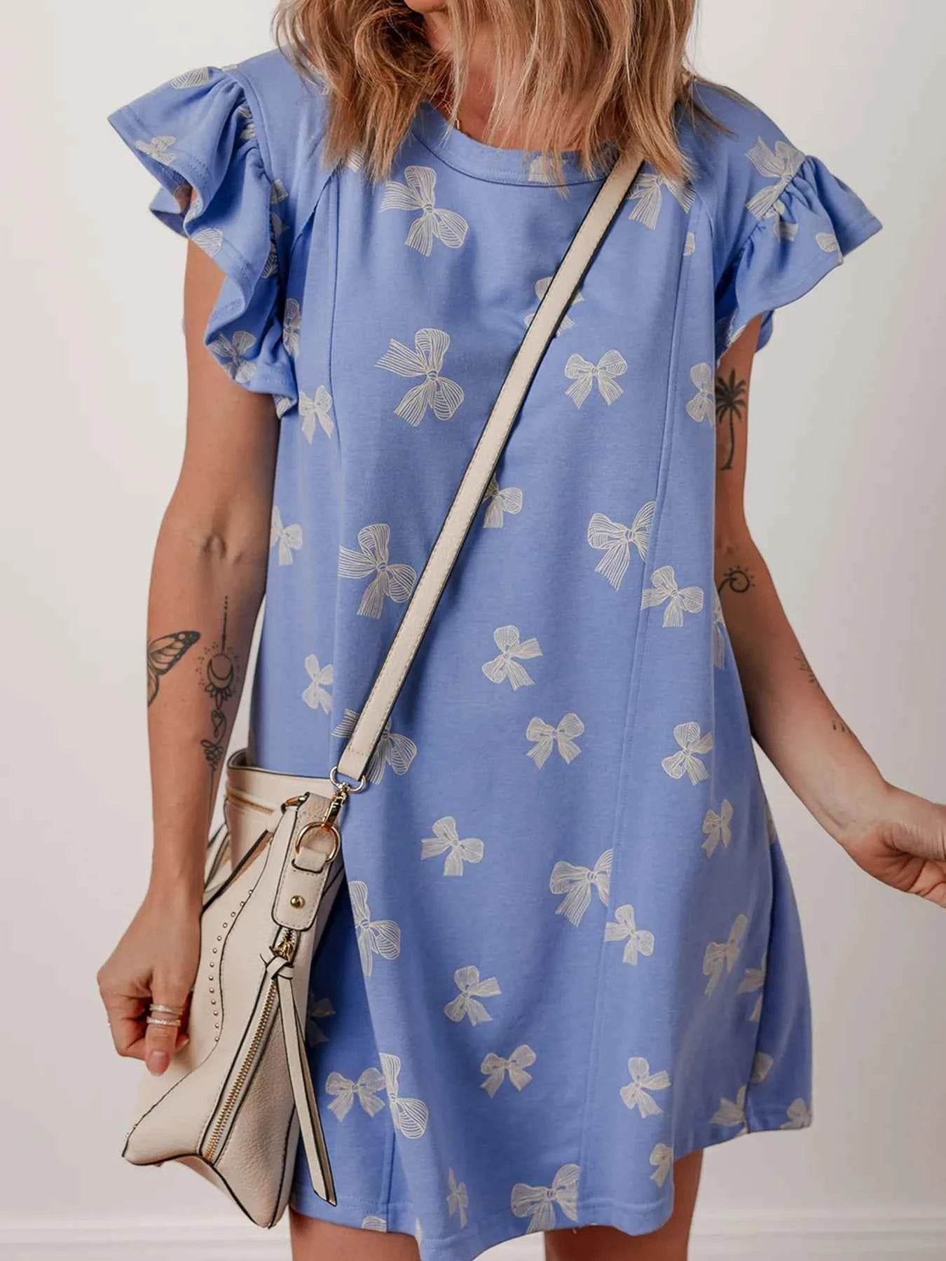 Bow Knot Print Ruffled Sleeve Crewneck Mini Dress.
