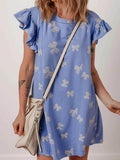 Bow Knot Print Ruffled Sleeve Crewneck Mini Dress.