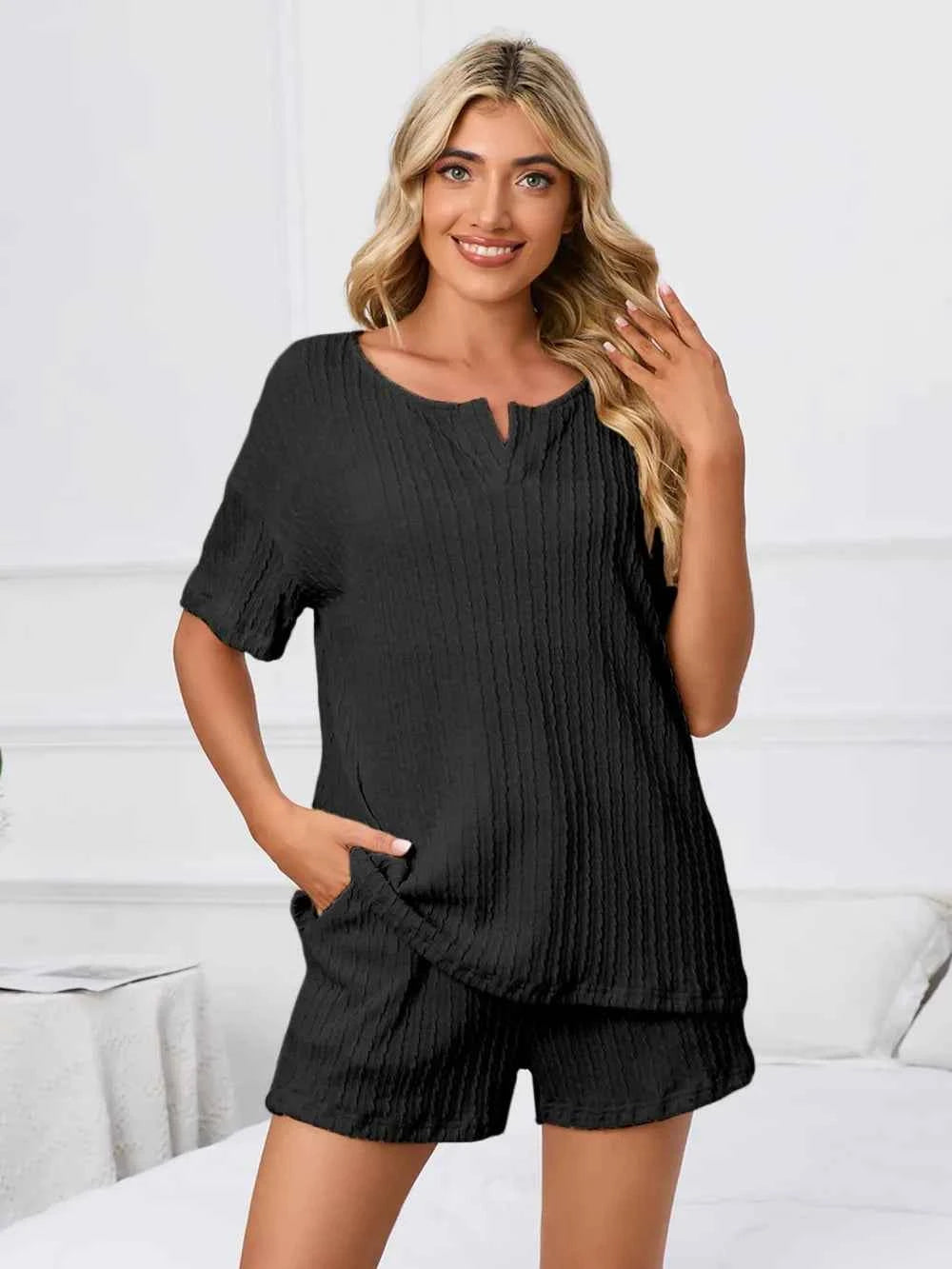 Notched Short Sleeve and Shorts Lounge Set.