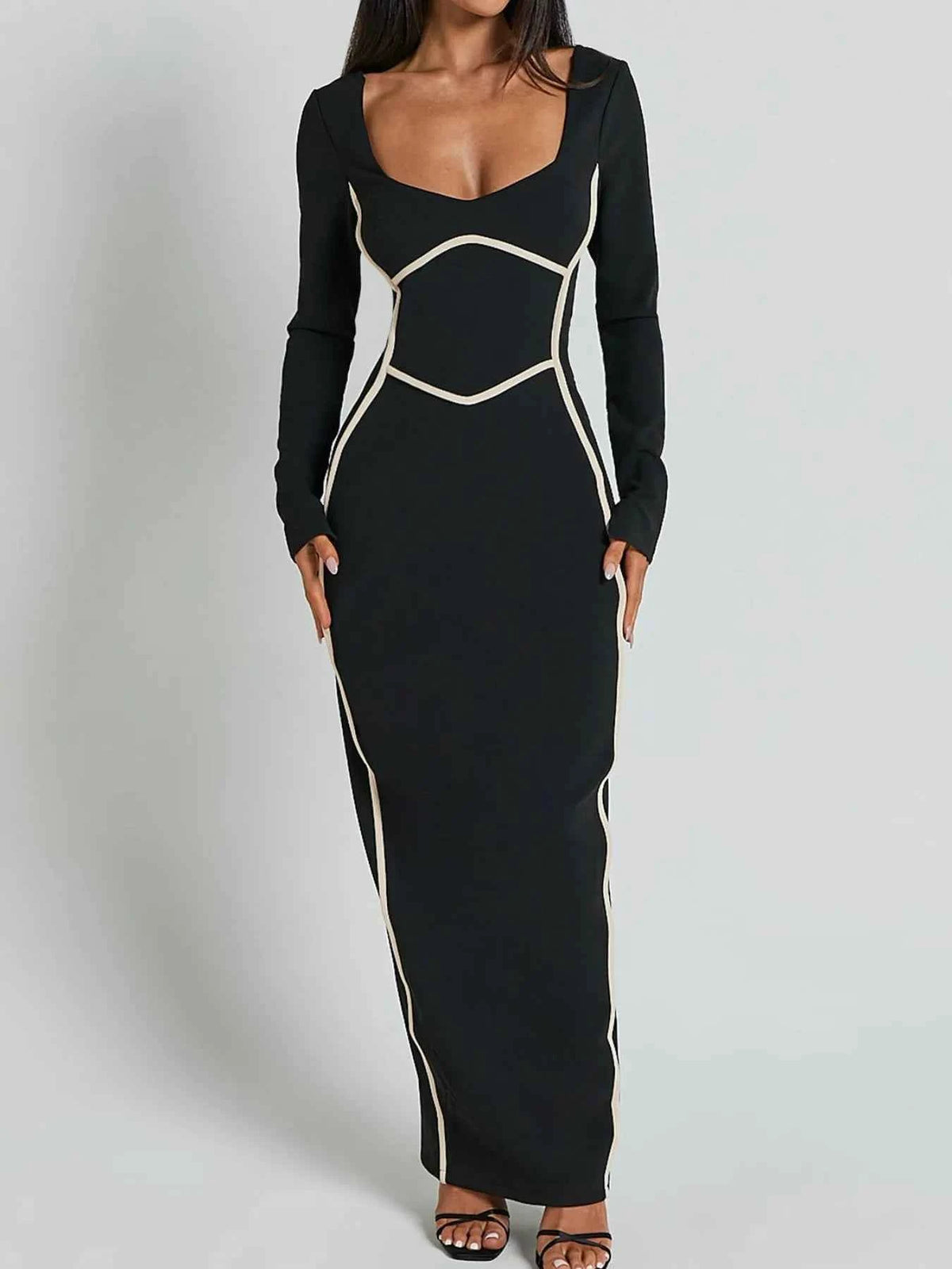 Contrast Trim Long Sleeve Bodycon Maxi Dress.