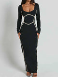 Contrast Trim Long Sleeve Bodycon Maxi Dress.