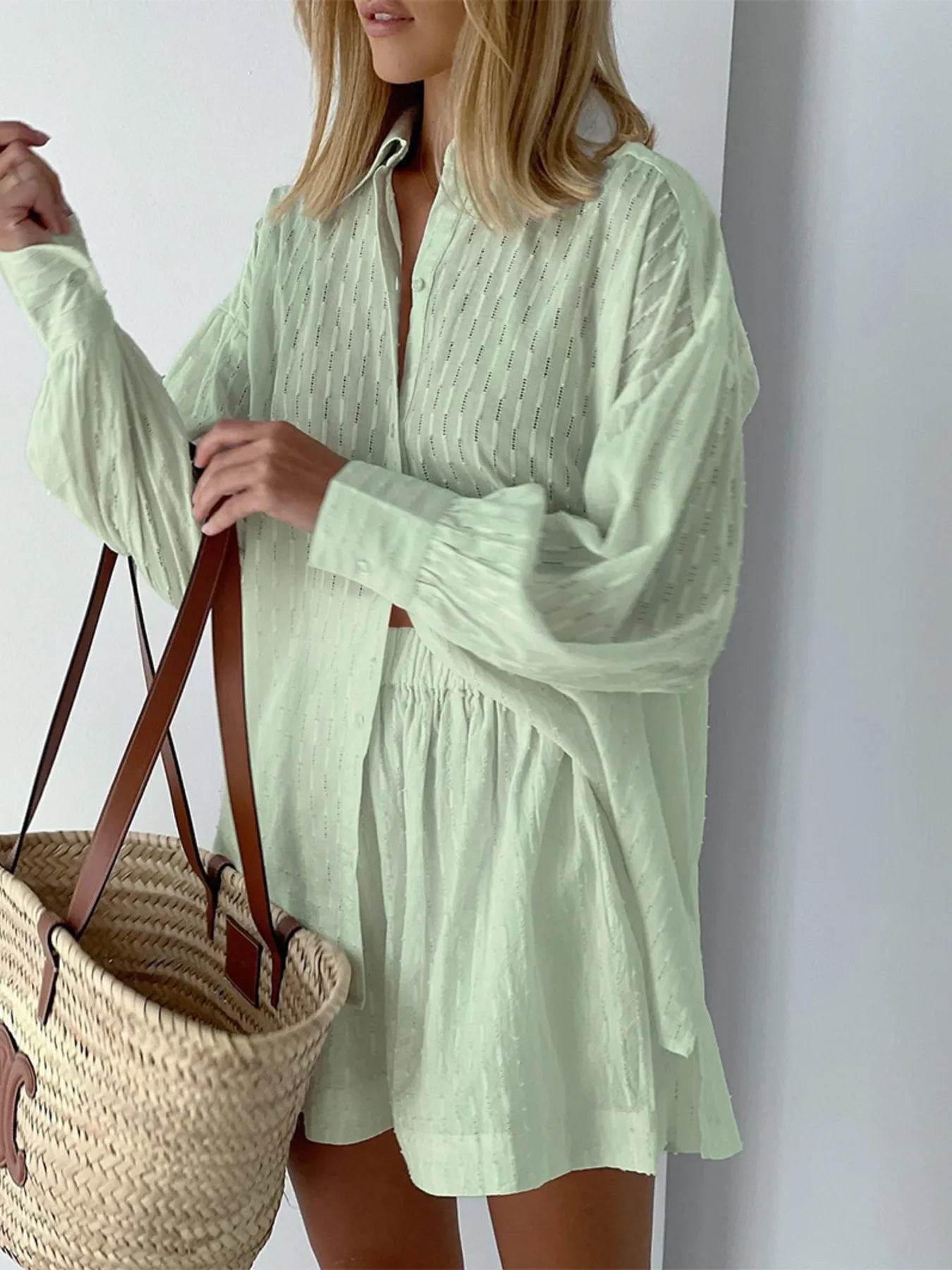 Textured Button-Up Shirt and Shorts Set - EBYNN