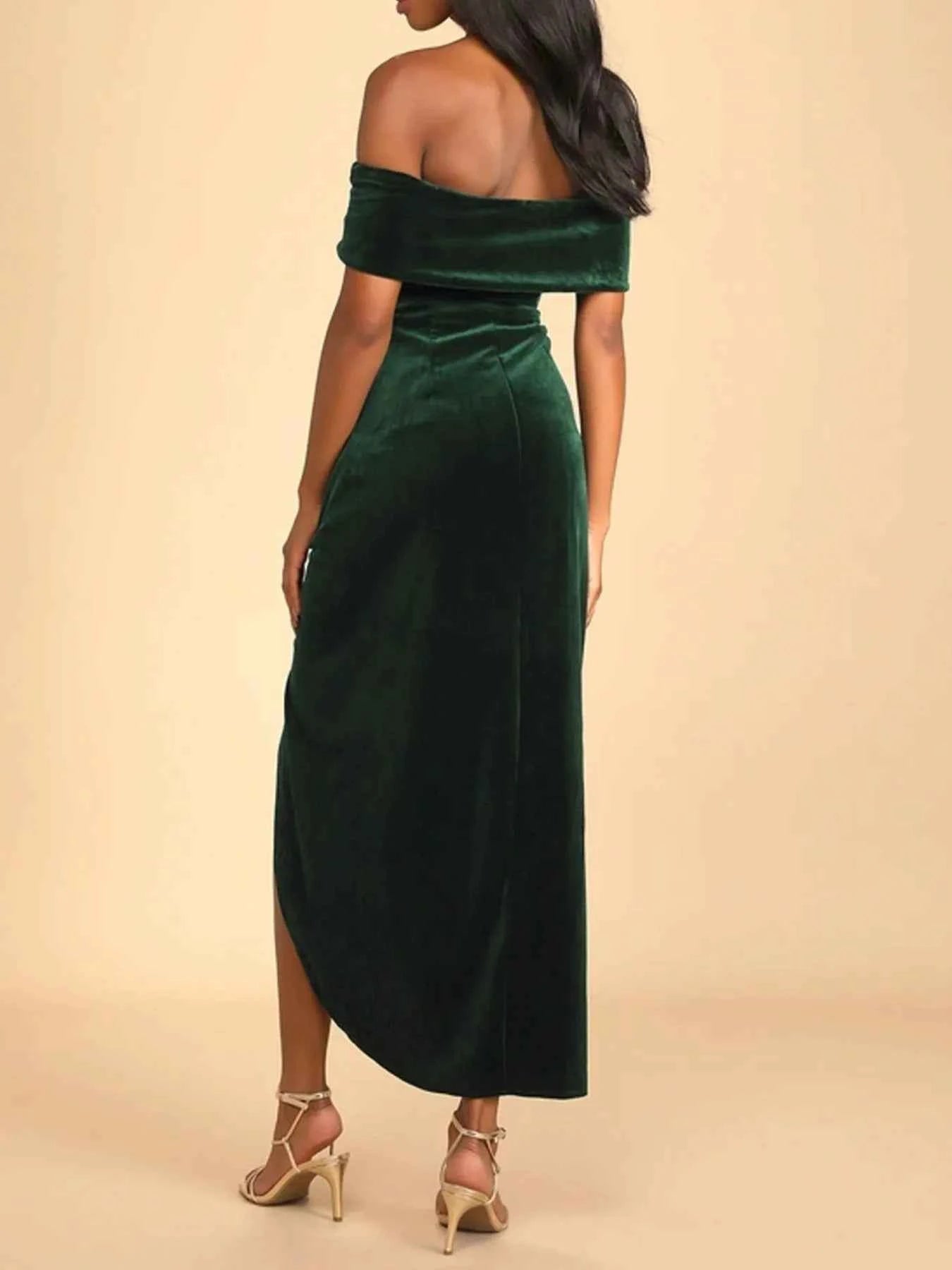 Off-Shoulder Wrap Dress with Side Slit.