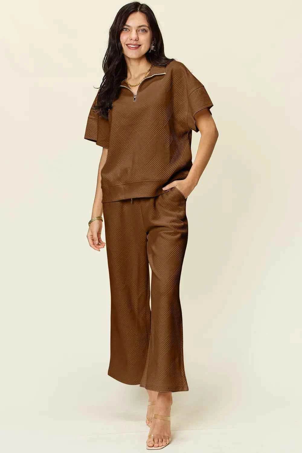 Double Take Texture Set: Full Size Half Zip Top & Pants Set - EBYNN