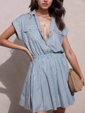 Half Button Striped Cap Sleeve Mini Shirt Dress.