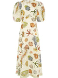 Printed Round Neck Puff Sleeve Dress.