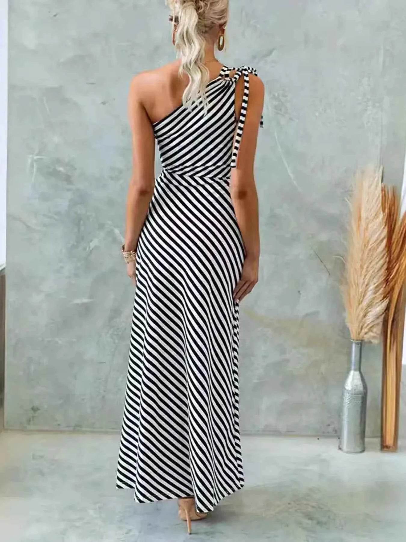 One Shoulder Striped Maxi Dress.
