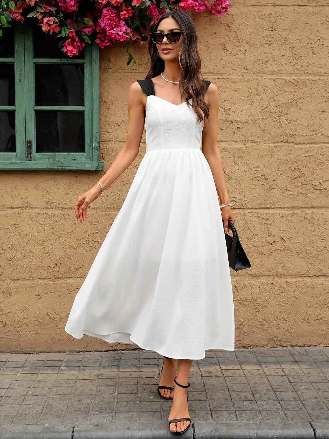 Sweetheart Neck Wide Strap Midi Dress.