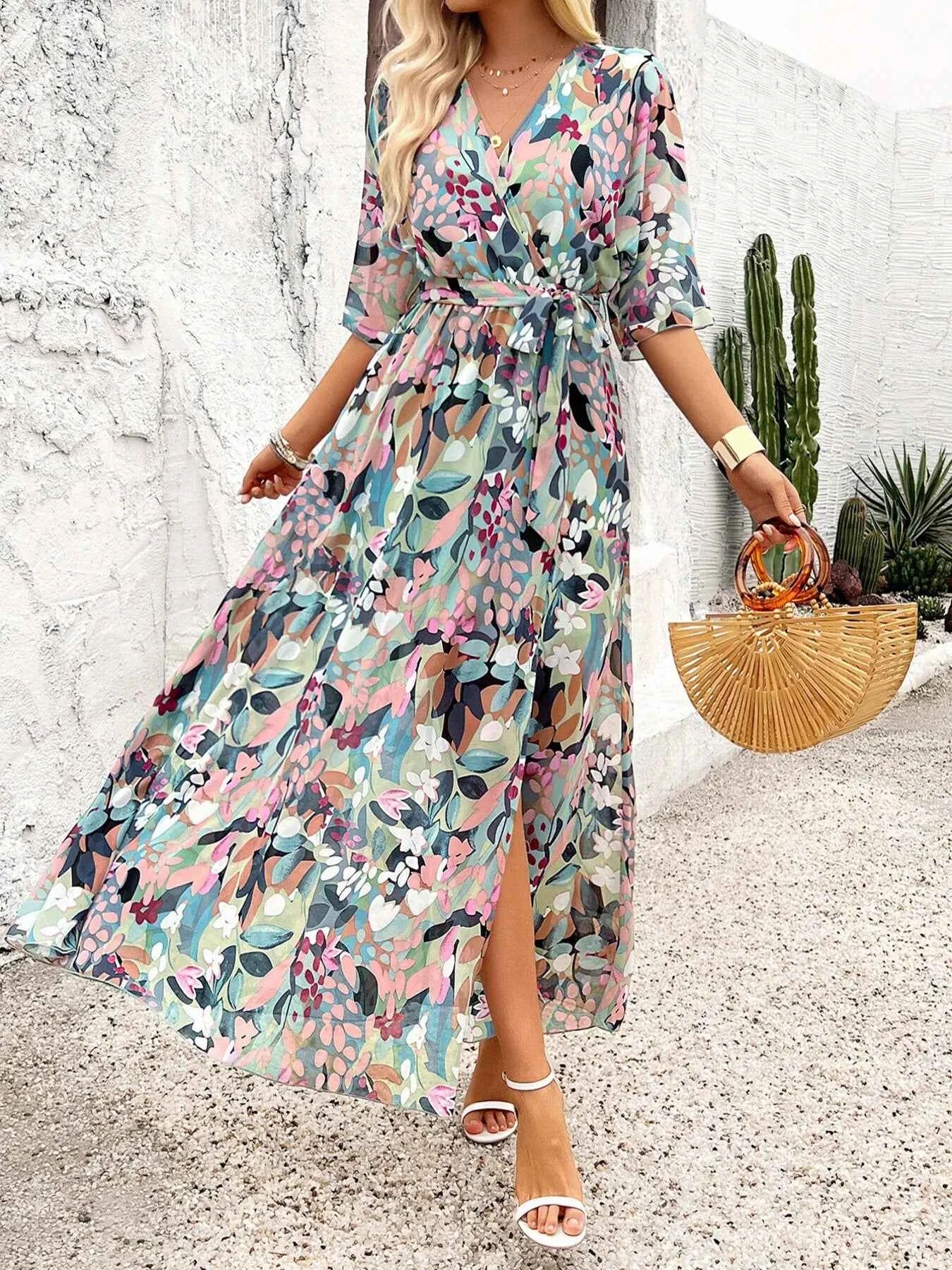 Slit Printed Surplice Maxi Dress with Half Sleeves.