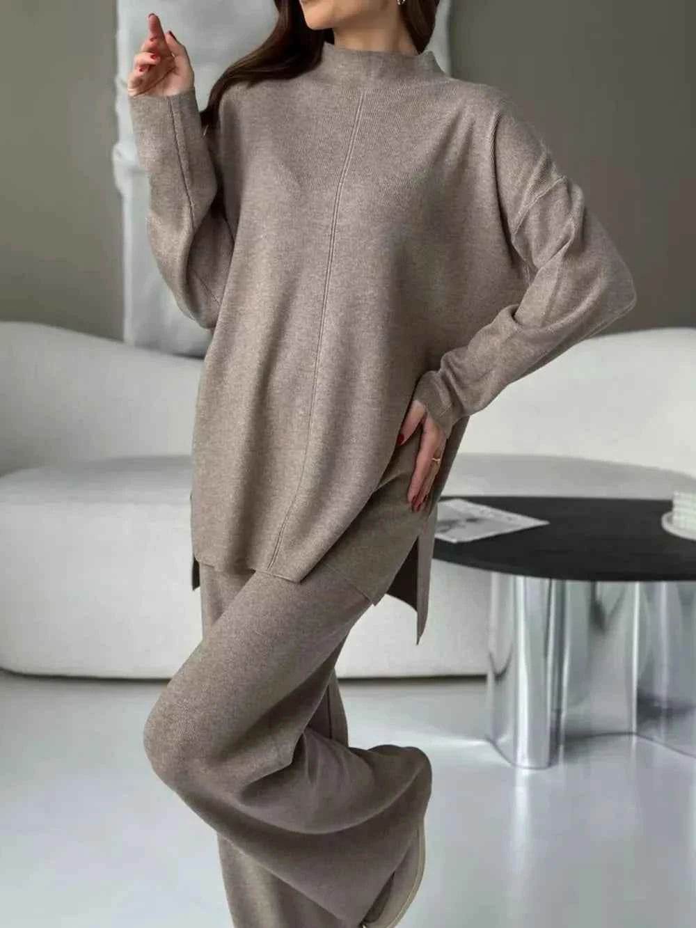 Slit Mock Neck Top and Pants Sweater Set - EBYNN