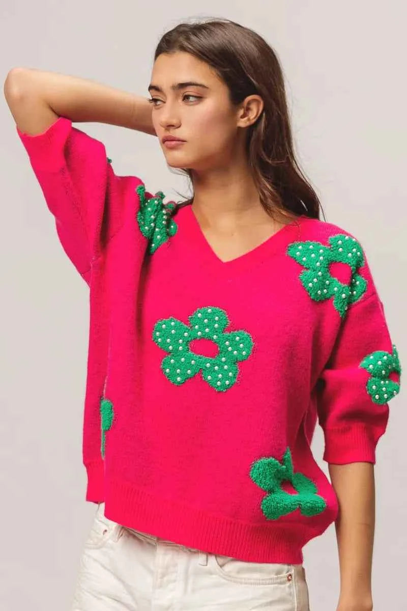 BiBi Pearl Beads Flowers Sweater Top.