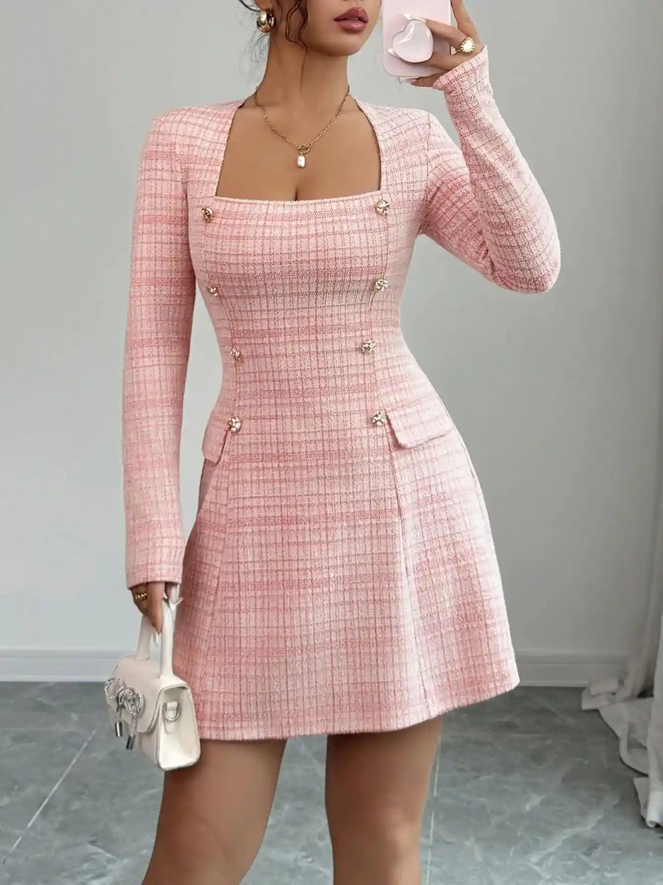 Square Neck Long Sleeve Dress.
