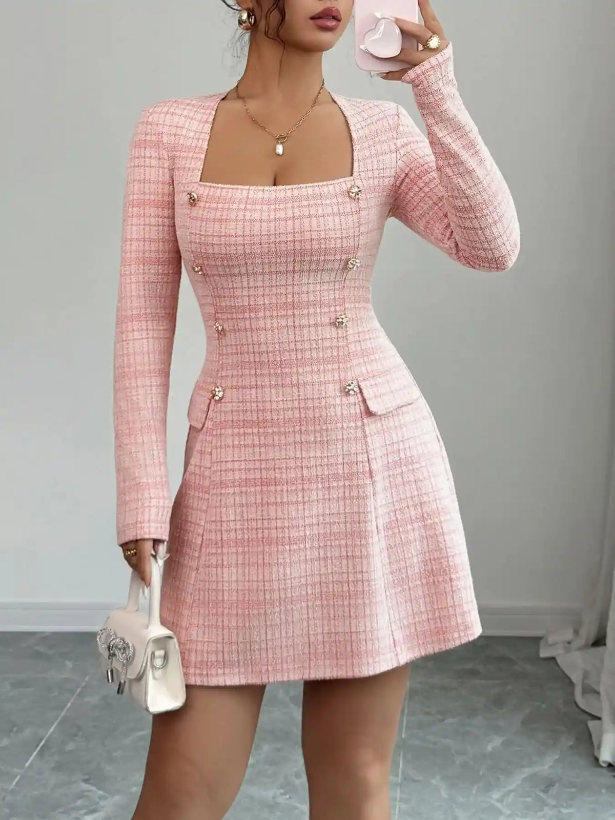 Square Neck Long Sleeve Dress.