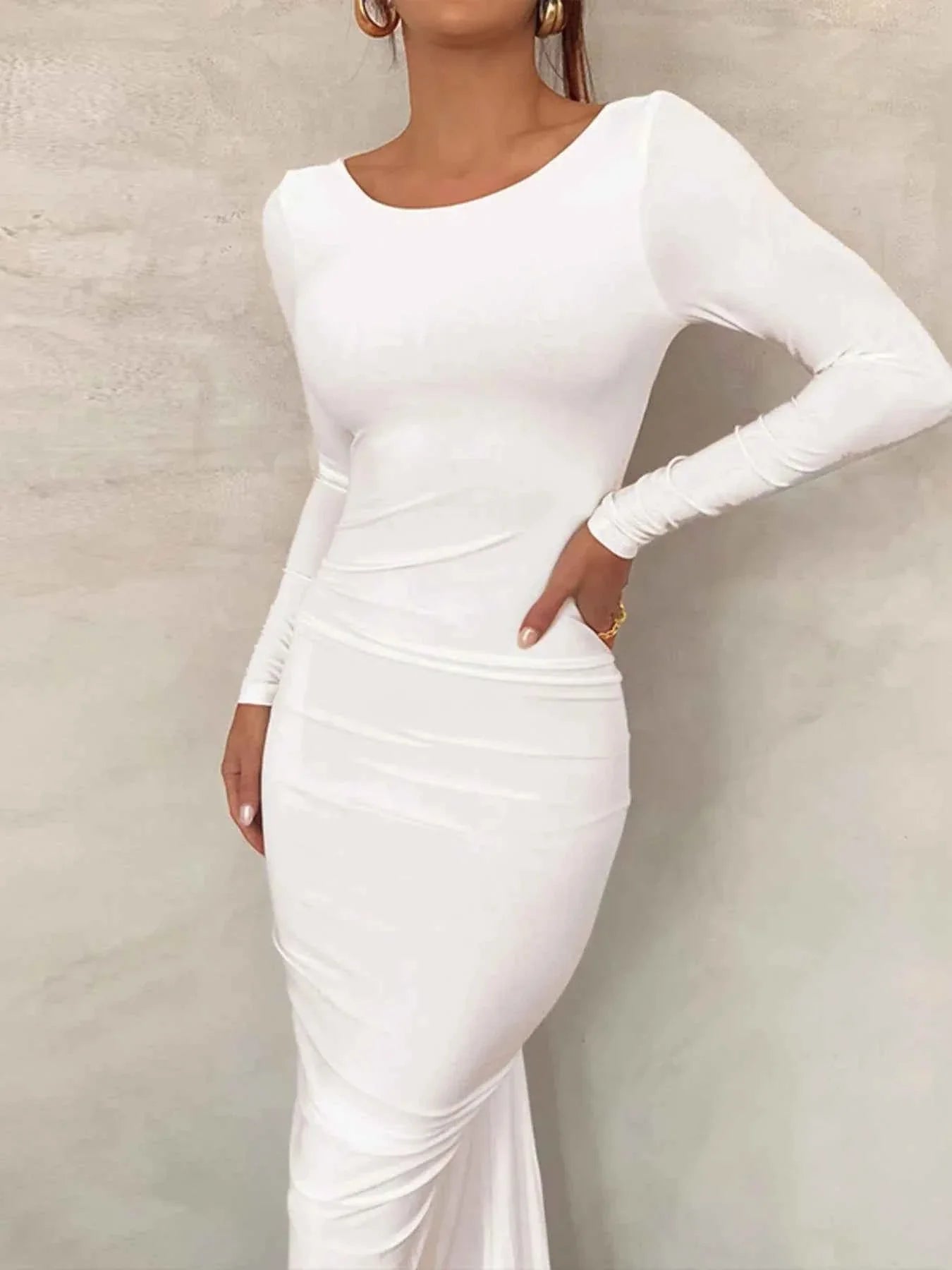 Backless Ruched Long Sleeve Maxi Dress.