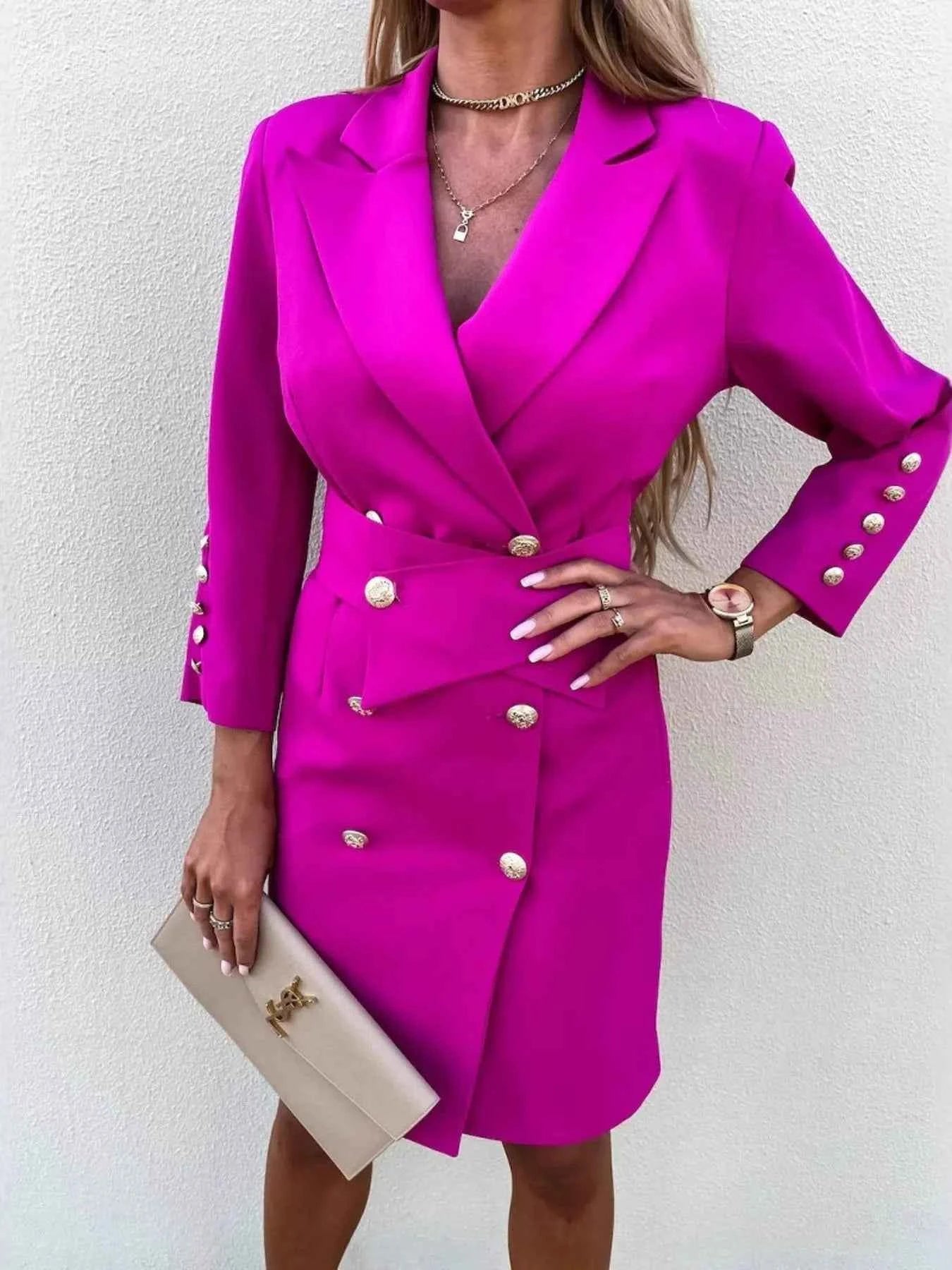 Double-Breasted Longline Blazer with Lapel Collar.