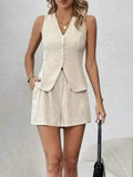 Button Up V-Neck Vest and Shorts Set - Contrast Trim Top and Pants Set - EBYNN
