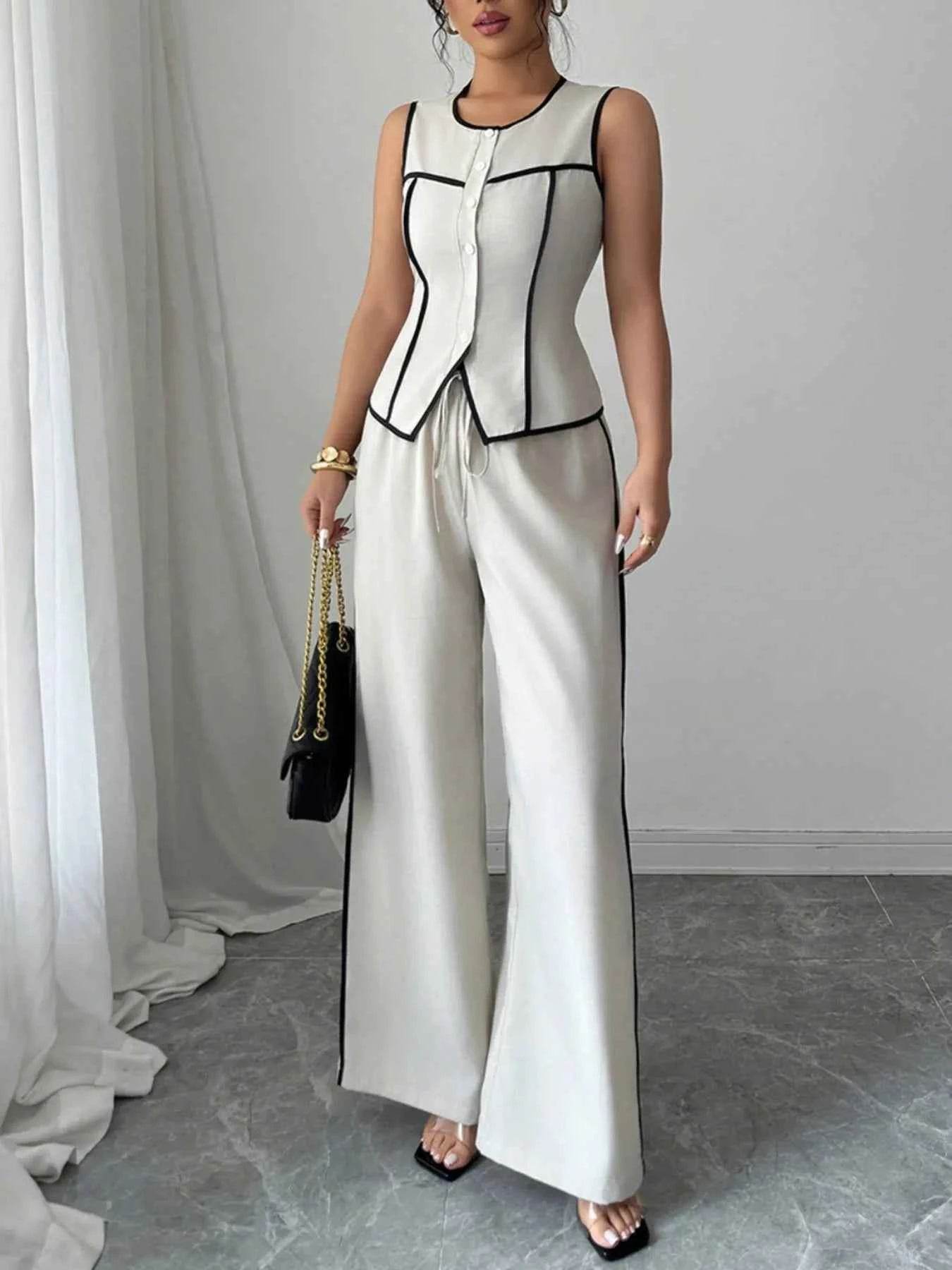 Contrast Piping Round Neck Top & Wide-Leg Pants Set - Stylish Contrast Piping Pants Set - EBYNN