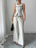 Contrast Piping Round Neck Top & Wide-Leg Pants Set - Stylish Contrast Piping Pants Set - EBYNN