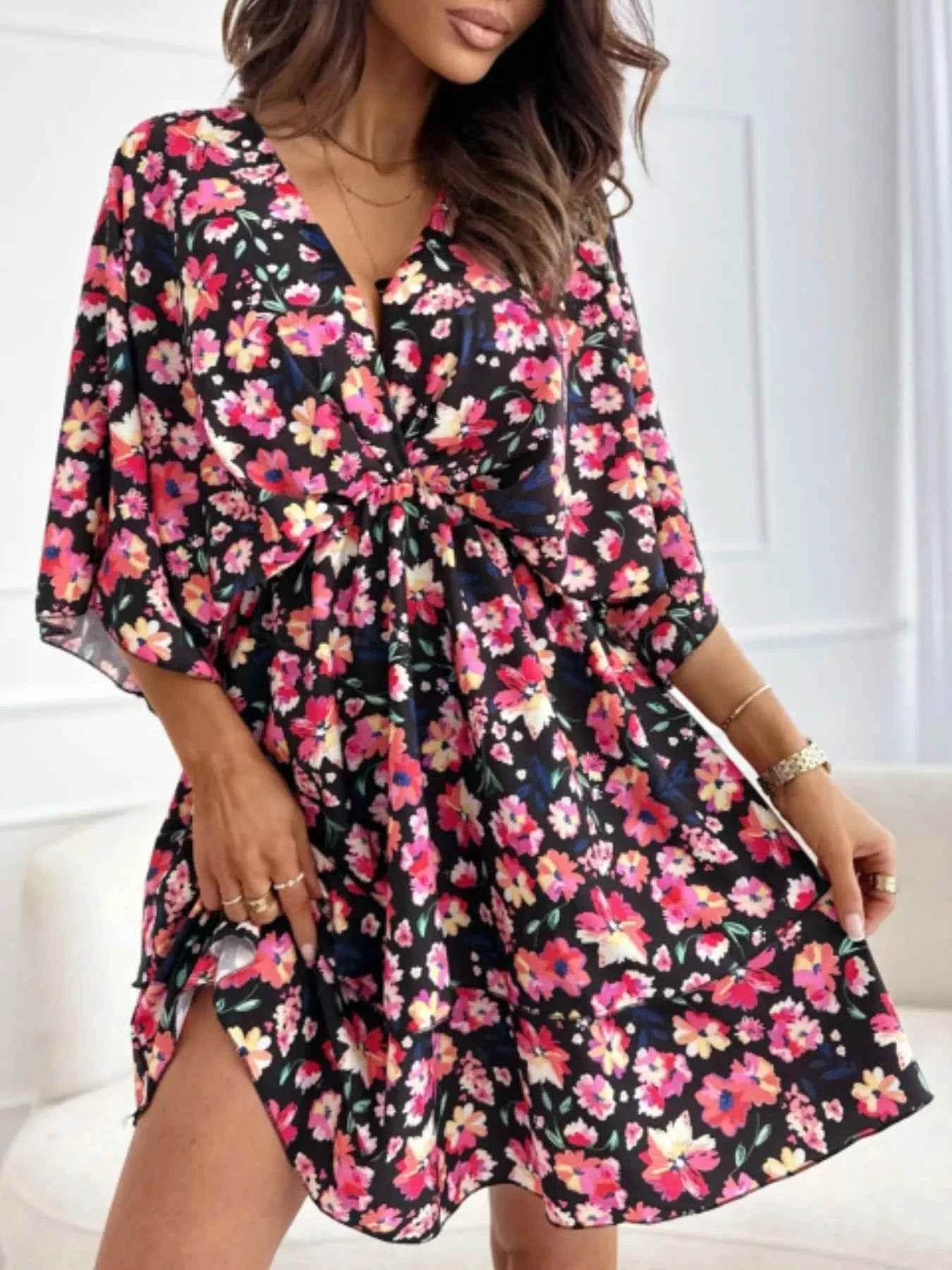 Floral Print V-Neck Ruffle Mini Dress.